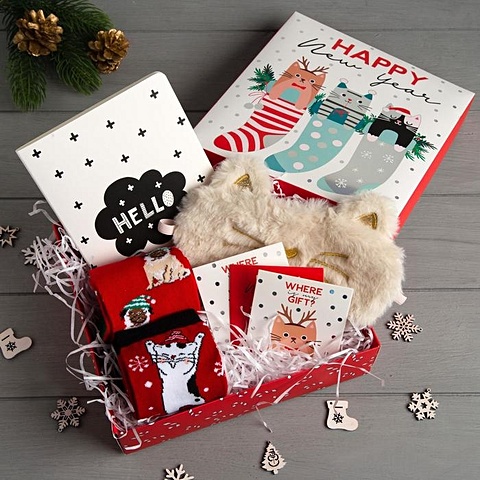 Новогодний подарочный набор Котики (носки, маска для сна, открытка, блокнот) подарочный набор на новый год 2023 набор чая и сладостей