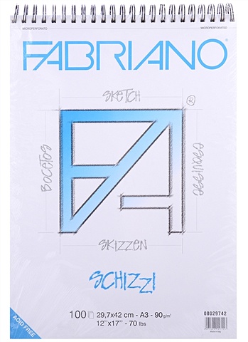 fabriano блокнот для зарисовок colours 80г м2 а4 желтый 100л спираль по короткой стороне sela Блокнот для зарисовок 29,7*42см 100л Schizzi 90г/м2, Fabriano