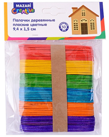 Палочки деревянные плоские цветные 9,4х1,5см, 50 шт.