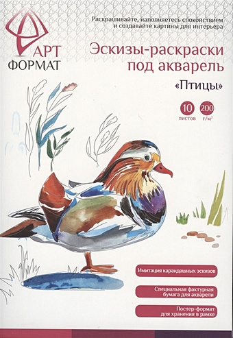 Раскраска-эскиз АРТформат Птицы, 10 листов А4, акварельная бумага