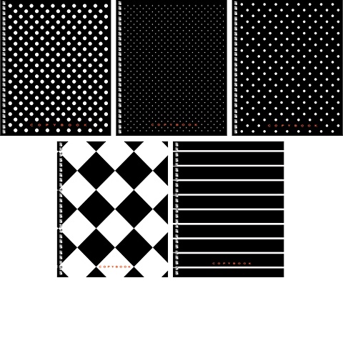 Контрасты (Black&White) 96л. (евроспираль), 5 видов ТЕТРАДИ А5 (гребень) 96Л. Обложка: лакирование