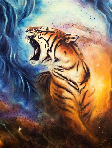 Холст с красками по номерам Рычащий тигр в дымке, 40 х 50 см