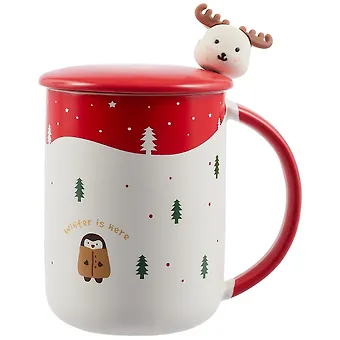 Кружка с крышкой и ложкой Новогодние зверюшки и елочки, 450 мл