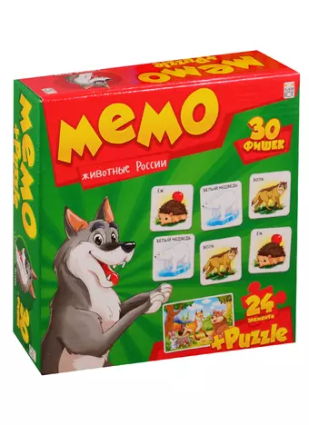 Игра Мемо (30 фишек) + ПАЗЛЫ (24 элемента). ЖИВОТНЫЕ РОССИИ (Арт. МП-0368) другой стандарт