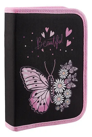 Пенал 1отд. Flower butterfly с наполнением, 21*14см,1 отк. планка, 24 предмета.