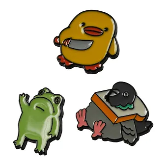 Набор металлических значков (3шт.) (Значок Лягушка Значок Уточка с ножом Значок Голубь с хлебом) (металл) (упаковка)
