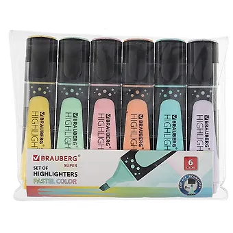 Текстовыделители Brauberg, Super Pastel, 1-5 мм 6 штук
