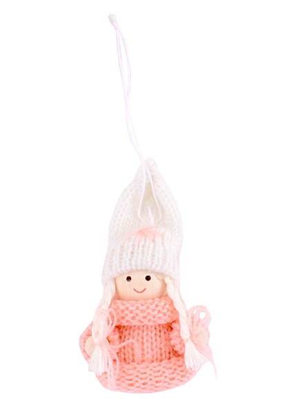 Новогоднее подвесное украшение Девочка в шапочке (розовая с белым) (текстиль) (7х3) - фото 1