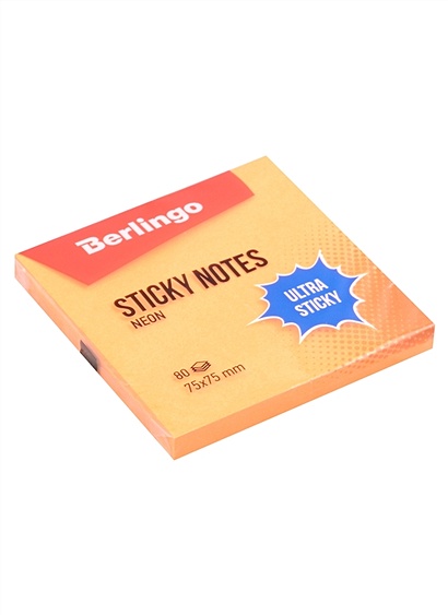 Блок бумаги 75*75 самоклеящийся оранжевый неон 80л, "Ultra Sticky", Berlingo - фото 1