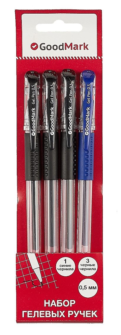 Ручки гелевые черные 03шт, синяя 01шт, GoodMark - фото 1