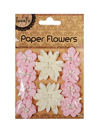 Цветы с бусинами Paper Flower, 2 больших и 8 маленьких на карточке крафт в пакете с подвесом, белые с розовым - фото 1