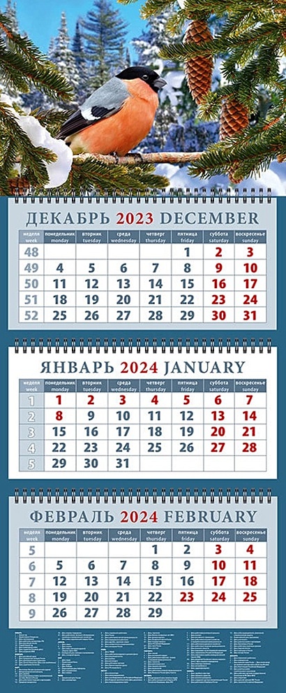 Календарь квартальный 2024г 320*760 "Снегирь" настенный, трёхблочный, спираль - фото 1