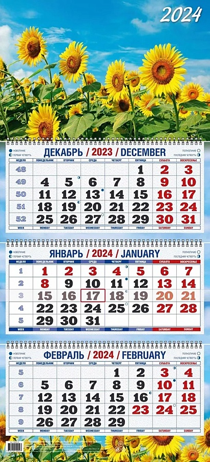 Календарь квартальный 2024г 310*680 "Подсолнухи" настенный, трёхблочный, спираль - фото 1