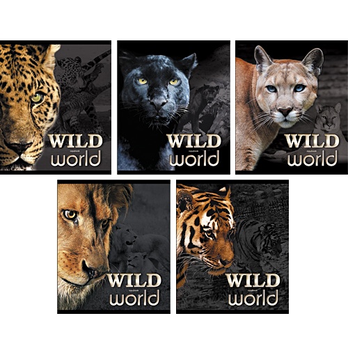 Дикие кошки (Wild world) 48л., 5 видов ТЕТРАДИ А5 (*скрепка) 48Л. Обложка: тиснение - фото 1
