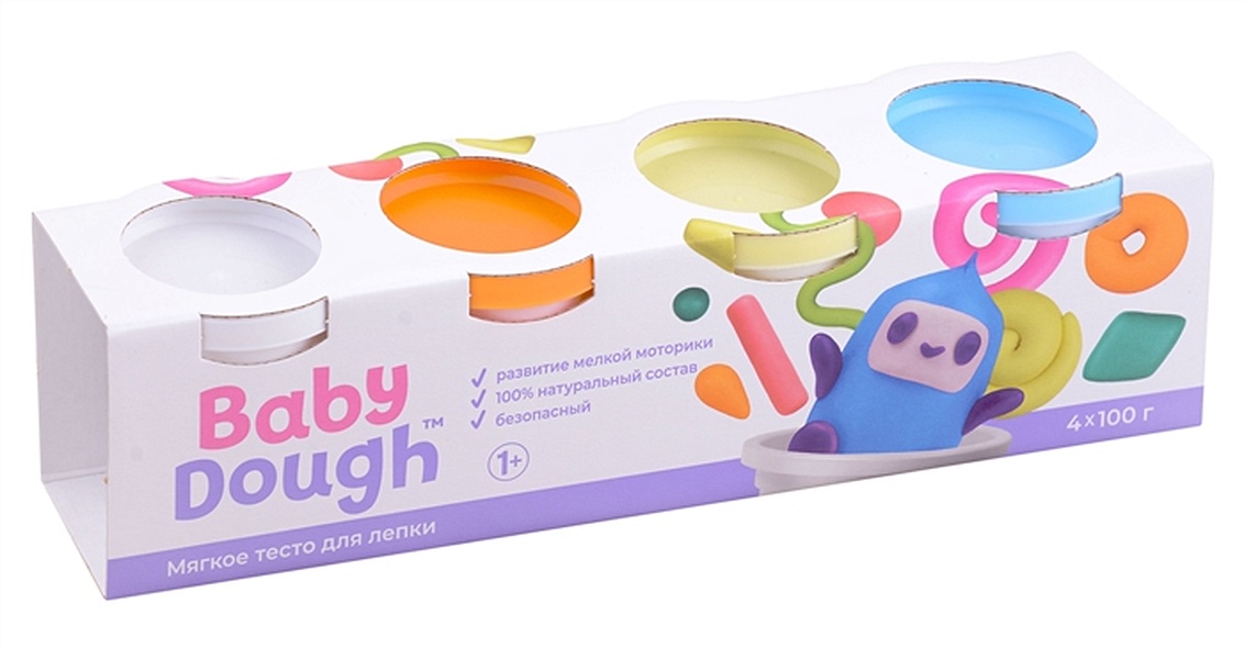 Тесто для лепки "BabyDough". Набор 4 цвета (белый, оранжевый, нежно-желтый, нежно-голубой) - фото 1