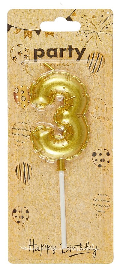Свеча для торта Цифра 3 Воздушный шар (6см) (золото) (блистер) - фото 1