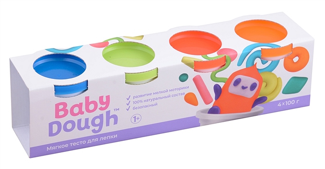 Тесто для лепки "BabyDough". Набор 4 цвета (синий, нежно-зеленый, красный, оранжевый) - фото 1