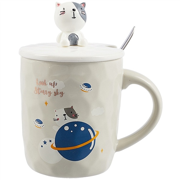 Кружка с крышкой и ложкой "Котик и планета. Starry sky", 450 мл - фото 1