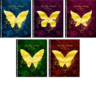 Золотые бабочки (Sparkling butterfly) 96л. (евроспираль), 5 видов ТЕТРАДИ А5 (гребень) 96Л. Обложка: тиснение - фото 1