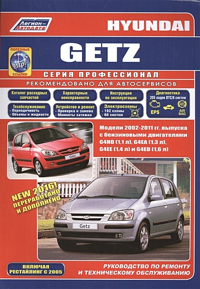 Hyundai Getz. Модели 2002-2011 гг. выпуска c бензиновыми двигателями G4HD (1,1 л.), G4EA (1,3 л.), G4EE (1,4 л.) и G4ED (1,6 л.). Включая рестайлинг с 2005 года. Руководство по ремонту и техническому обслуживанию (+ полезные ссылки) - фото 1