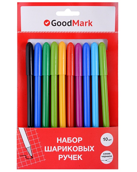 Ручки шариковые синие 10шт. "Rainbow" подвес, GoodMark - фото 1