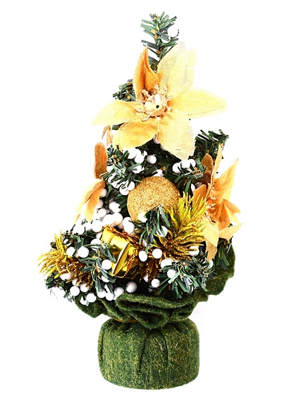 Декоративная ёлка с золотистыми цветами на подставке (пластик) (20 см) - фото 1