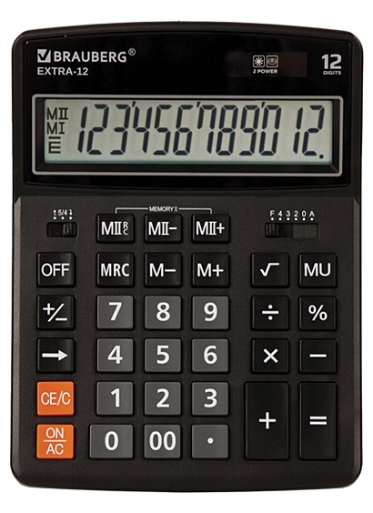 Калькулятор 12 разрядный настольный, двойн.питание, черный, 206*155мм - фото 1