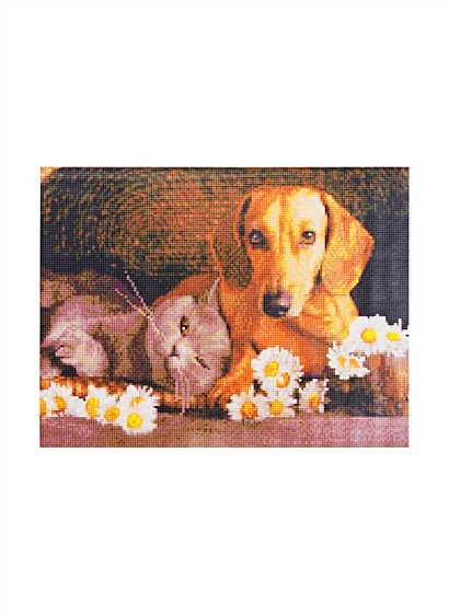 Алмазная мозаика "Щенок и котенок с цветами", 40 х 50 см (с полным заполнением стразами) - фото 1