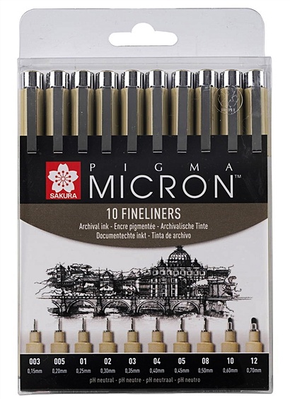 Ручки капиллярные черные 10шт "Pigma Micron" 0.15мм, 0.20мм, 0.25мм, 0.30мм, 0.35мм, 0.40мм, 0.45мм, 0.5мм, 0.6мм, 0.7мм - фото 1