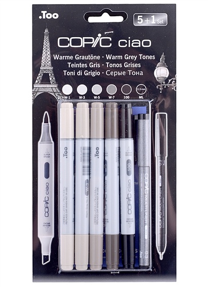 Набор маркеров Copic Ciao серые теплые оттенки 5цв + мультилинер 0.3мм - фото 1