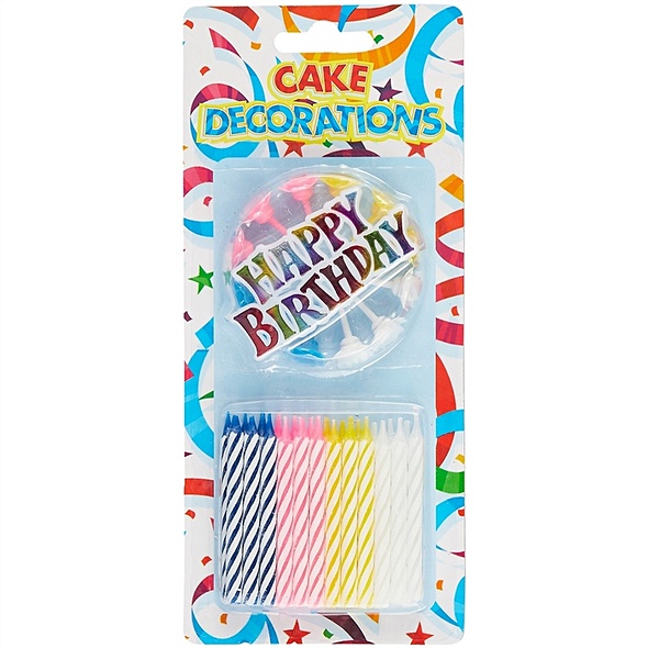 Набор свечей для торта разноцветные с табличкой Happy Birthday (24шт) (6см) - фото 1