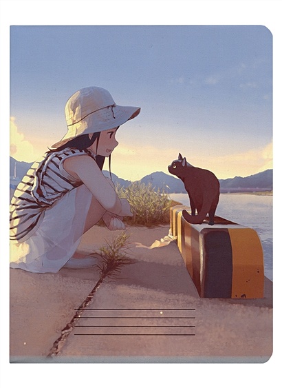 Тетрадь 48л кл. "Аниме. Девушка с кошкой у реки" мел.картон - фото 1
