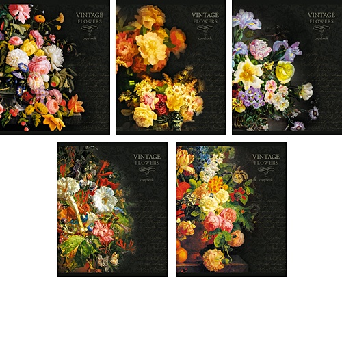 Букеты на черном (Vintage flowers) 48л., 5 видов ТЕТРАДИ А5 (*скрепка) 48Л. Обложка: ламинирование - фото 1