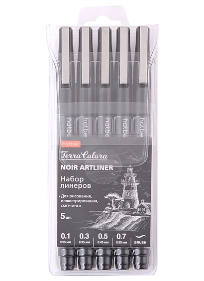 Ручки линеры черные 05шт "Noir/Нуар. Terra Colora" 0.1/0.3/0.5/0.7мм, блистер, Hatber - фото 1