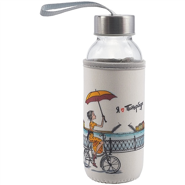 Бутылка в чехле с цветом СПб Девушка с зонтиком на велосипеде (стекло) (300мл) - фото 1