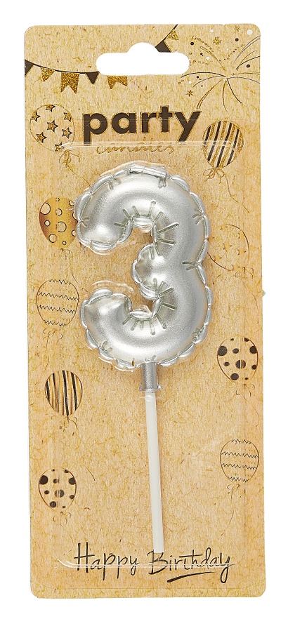 Свеча для торта Цифра 3 Воздушный шар (6см) (серебро) (блистер) - фото 1