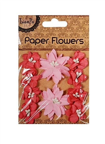 Цветы с бусинами Paper Flower, 2 больших и 8 маленьких на карточке крафт в пакете с подвесом, розовые с красными - фото 1