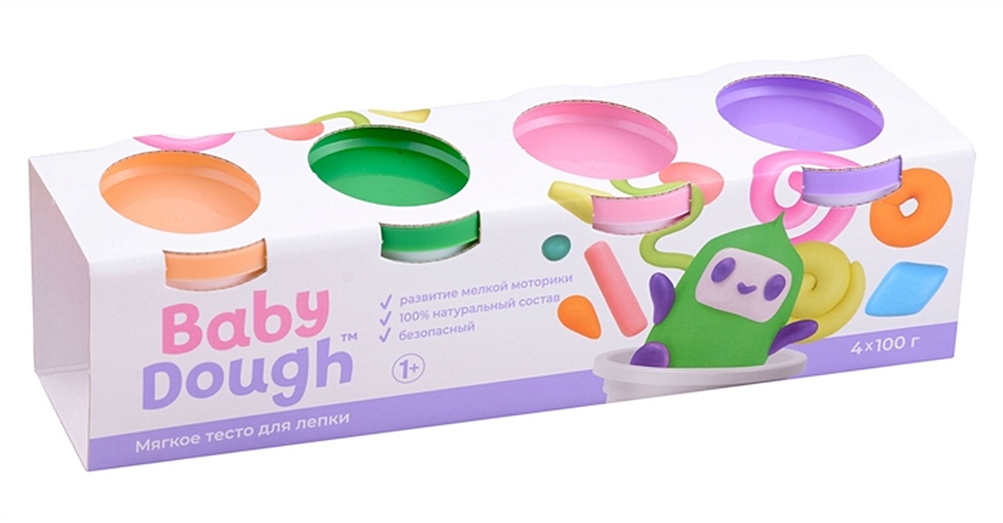 Тесто для лепки "BabyDough". Набор 4 цвета (персиковый, зеленый, нежно-розовый, фиолетовый) - фото 1