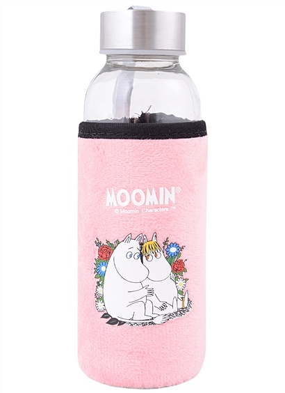 Бутылка в чехле велюр MOOMIN Муми-тролль и Фрекен Снорк сидят в цветах (стекло) (300мл) - фото 1