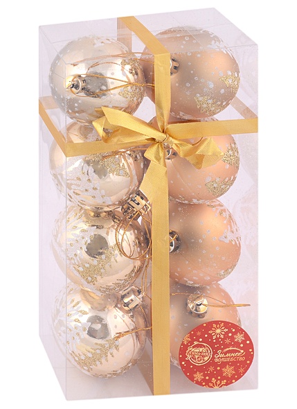 Набор елочных шаров Снежные ёлки (золото) (пластик) (6 см) (8 шт) - фото 1