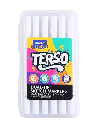 Маркеры для скетчинга 12цв "TERSO" пастельные и флюоресцентные оттенки, двусторонние, пулевидный/клиновидный наконечники 1-3мм, пластиковая упаковка - фото 1