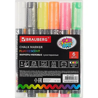Маркеры меловые Brauberg, Pop-Art, сухостираемые 6 цветов 5 мм - фото 1