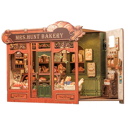 CWGB401 Конструктор интерьерный  – сборный домик CuteBee - Пекарня "Миссис Хант", 216 деталей (материалы: дерево, картон, пластик, металл), со световыми эффектами (подсветка интерьера), с питанием от 2хААА батареек (не включены), серия DIY, возраст 14+ - фото 3
