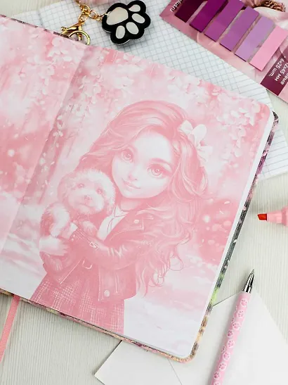 Дневник шк. "Брюнетка с собачкой" кожзам, тв.переплёт, поролон, полноцв.печать, одно ляссе, загругл.углы, брелок, универс.шпаргалка - фото 4