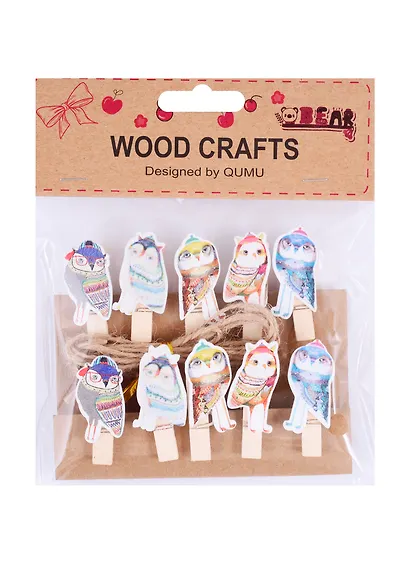 Прищепки Совы 10 шт в пак с  хедером (дерево)(226) - фото 1