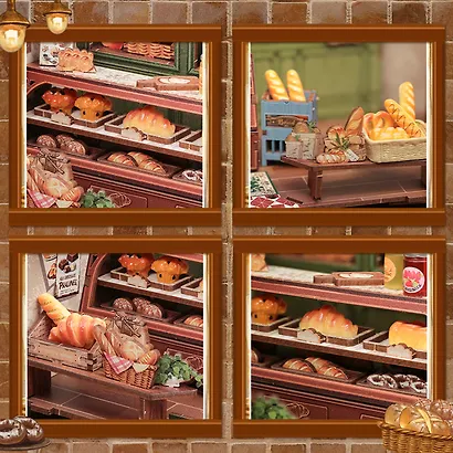 CWGB401 Конструктор интерьерный  – сборный домик CuteBee - Пекарня "Миссис Хант", 216 деталей (материалы: дерево, картон, пластик, металл), со световыми эффектами (подсветка интерьера), с питанием от 2хААА батареек (не включены), серия DIY, возраст 14+ - фото 9