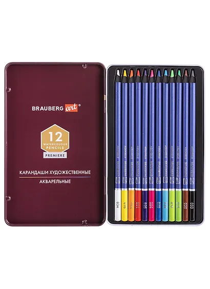 Карандаши художественные цветные акварельные BRAUBERG ART PREMIERE, 12 цв, грифель 4мм металл 181533 - фото 2