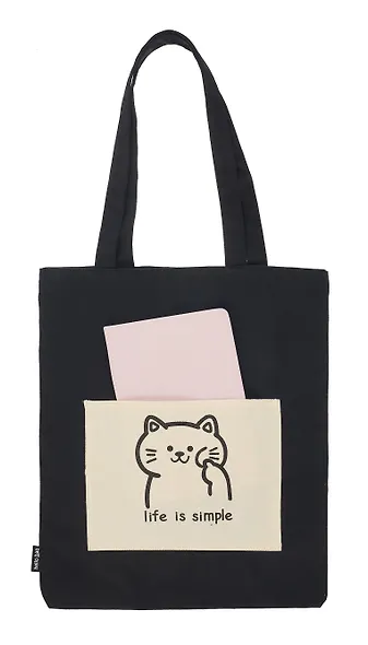 Сумка-шоппер с карманом Котик Kawaii (черная) (текстиль) (СК2024-269) - фото 2