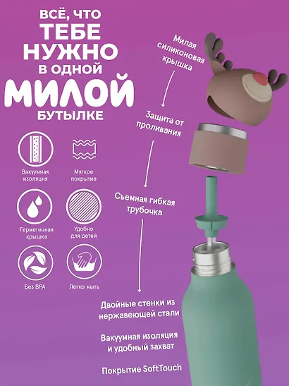 Бутылка для холодных и горячих напитков Asobu Bestie Holiday Олень (460 мл) (69772) - фото 5