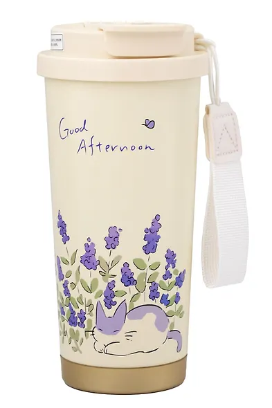 Термостакан Котик в лавандовых цветах (пластик/металл) (500мл) (12-7306-202510-STB-30) - фото 1